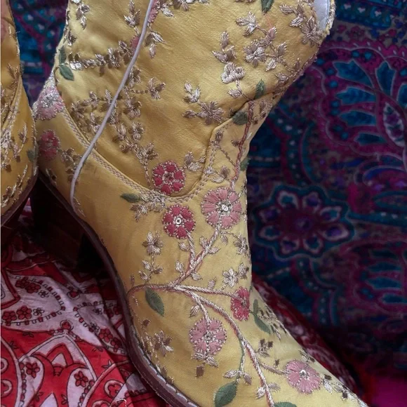 Free People Yellow Ankle Booties with Ornate Design - Picture 3 of 8